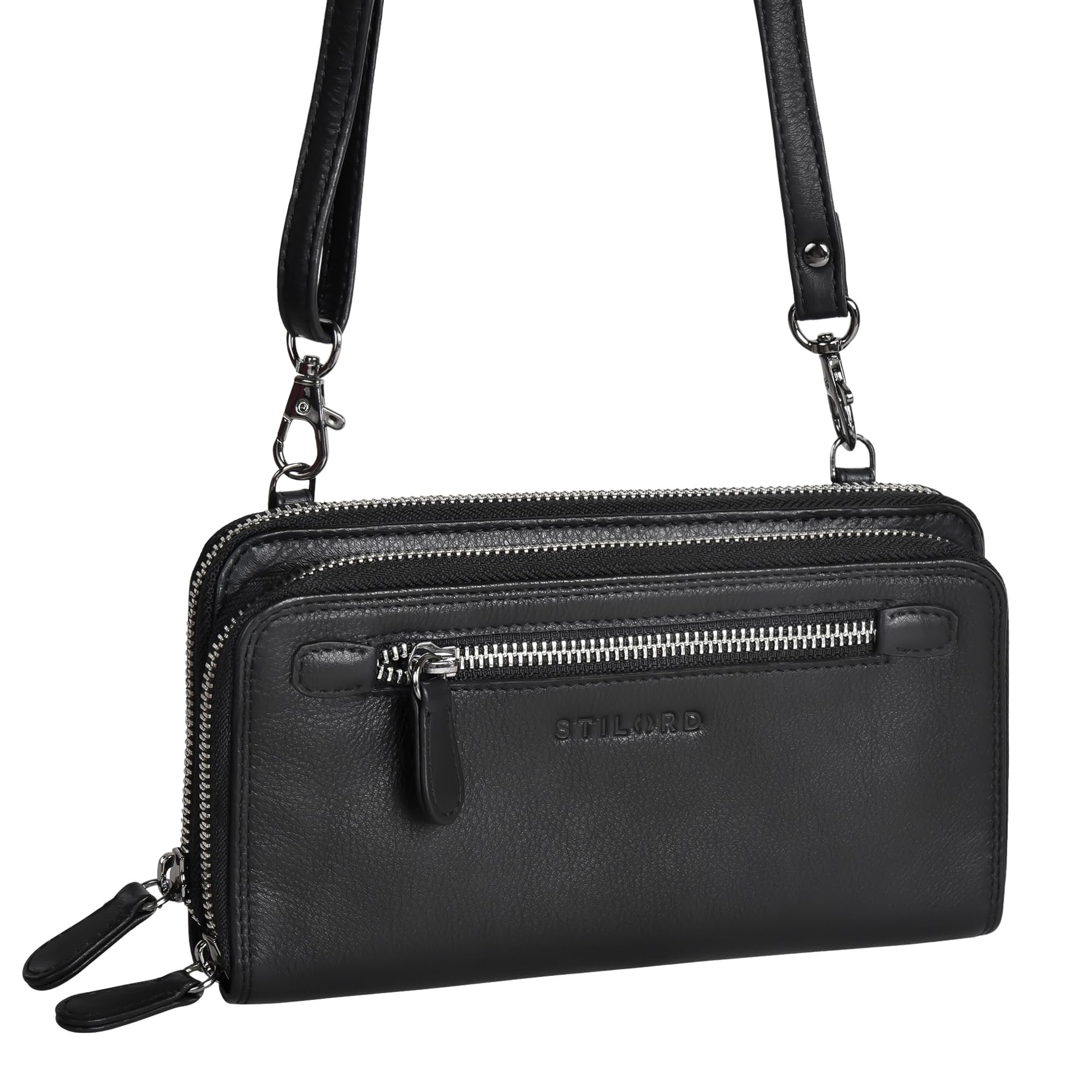 STILORD "Fara Handytasche mit Geldbörse zum Umhängen Damen Leder Umhängetasche Klein Echtleder Tasche und Geldbörse Retro Portemonnaie Frauen Farbe:schwarz