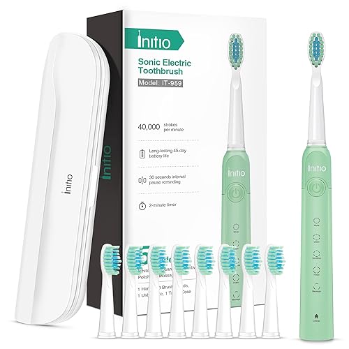 Initio Cepillo de dientes eléctrico sónico para adultos 5 modos con temporizador inteligente 8 cabezales de cepillo y estuche de viaje incluido