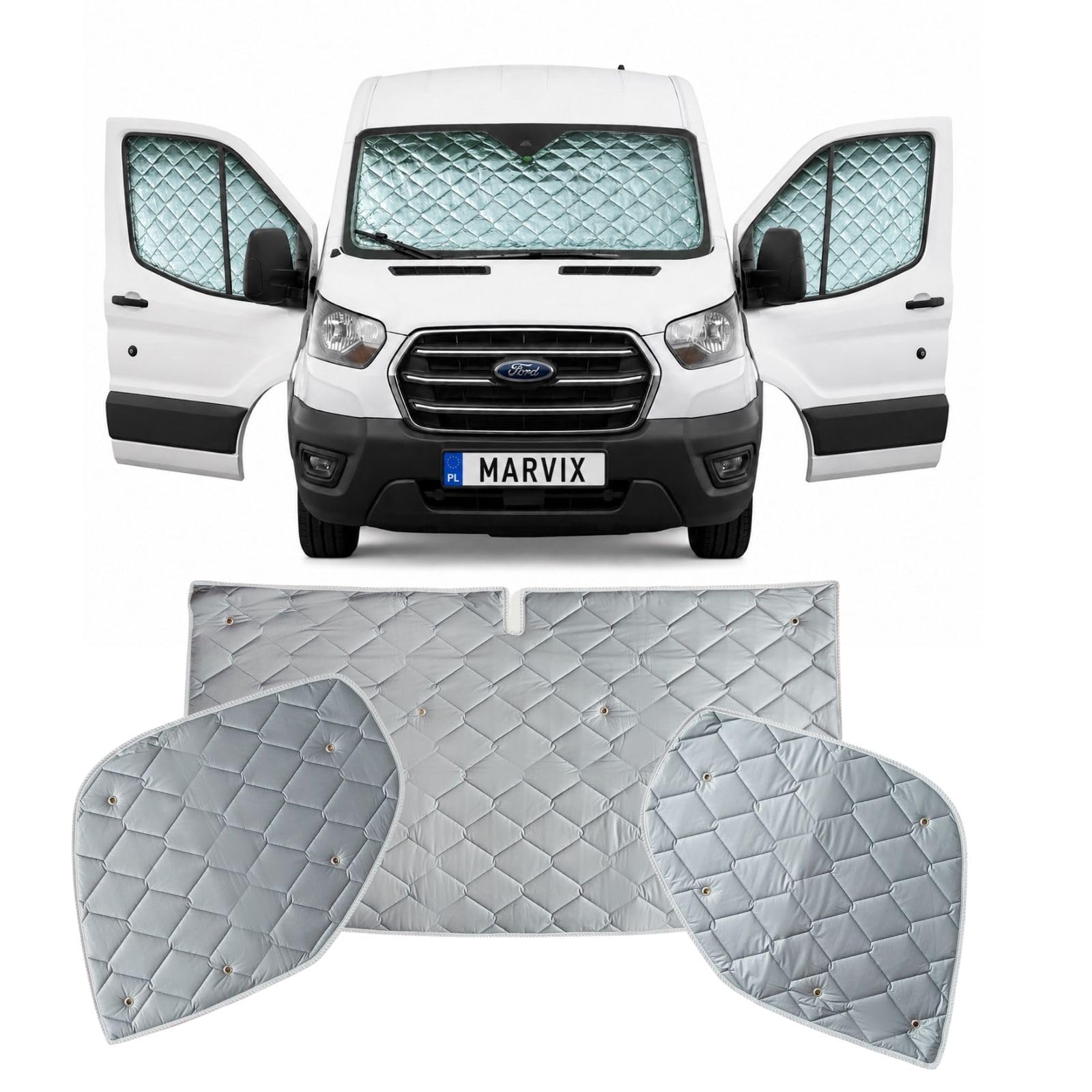 Marvix Thermo-Jalousien für interne Fahrerkabine, Premium-Fensterabdeckung, 9-lagig, für Ford Transit 2015–2024, Wohnmobil, Wohnmobil, silberfarbene Isolierung, Windschutzscheiben-Blenden