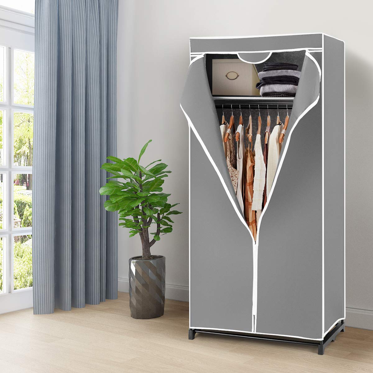 GOPLUS Armario de Tela Plegable con Cremallera, Organizador de Ropa de Textil Tela Portátil, Armario Ropero Pequeño con Barra de Colgar, para Dormitorio, Pasillo, Sala, 170 x 75 x 50 cm (Gris)