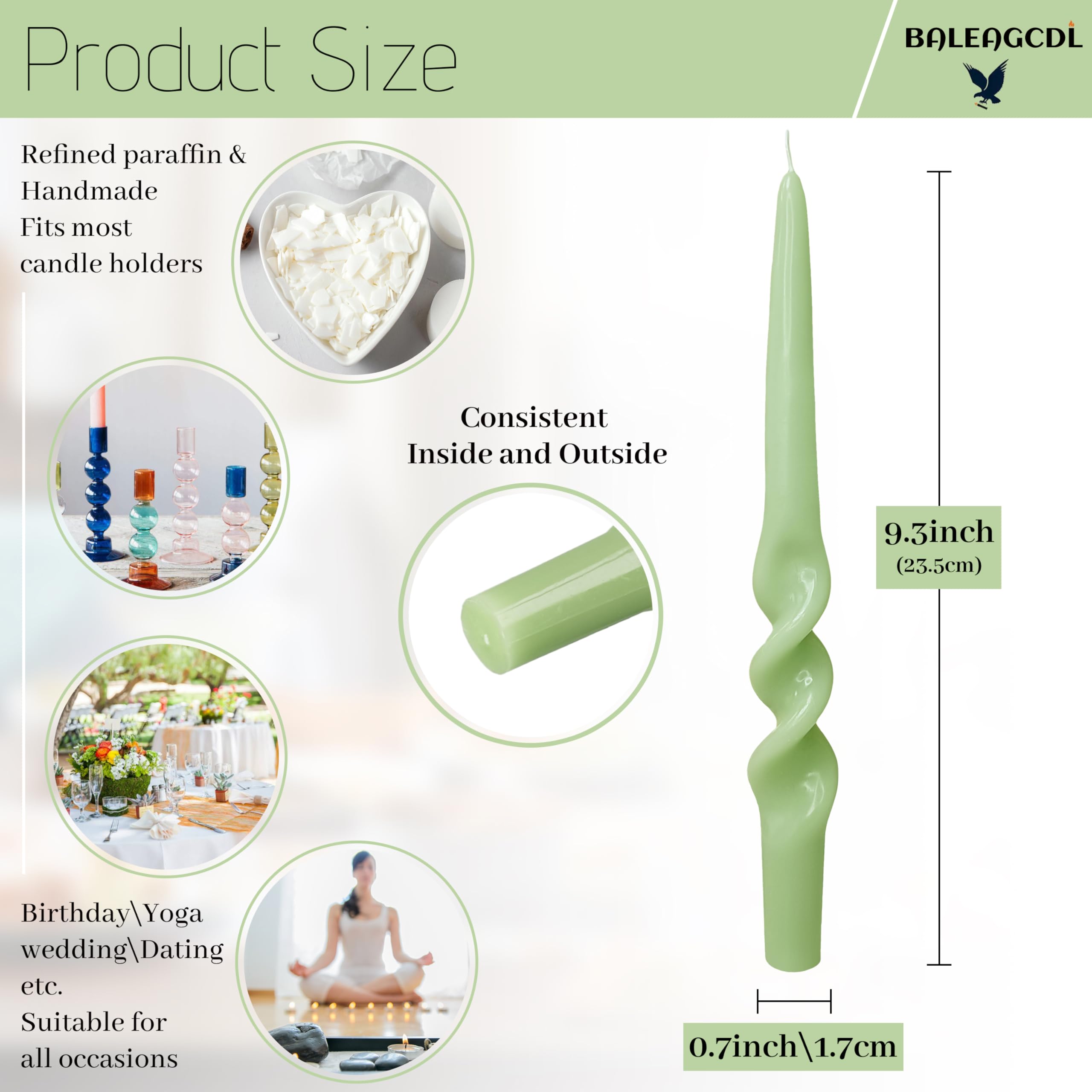 BALEAGCDL Gradient Green Smokeless Candles Handmade Twisted Taper Candle 9.5 Inch Long Spiral Candlesticks Dinner Unscented Candles for Holiday Wedding Party Seasons Home Decor