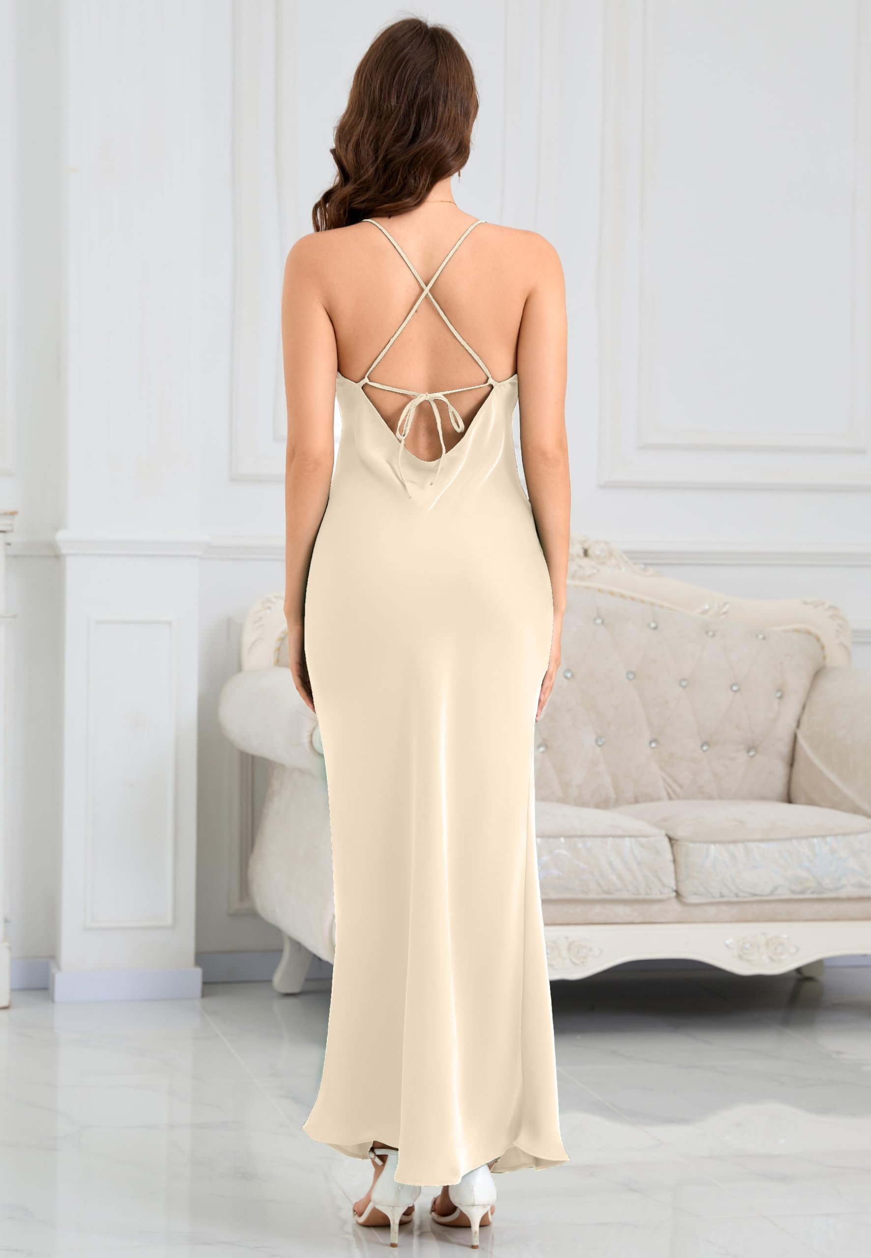ALCEA ROSEA Vestido largo de satén sedoso para mujer, con cuello drapeado y espalda descubierta, elegante, con lazo largo, para fiesta de noche, boda, invitada, cóctel