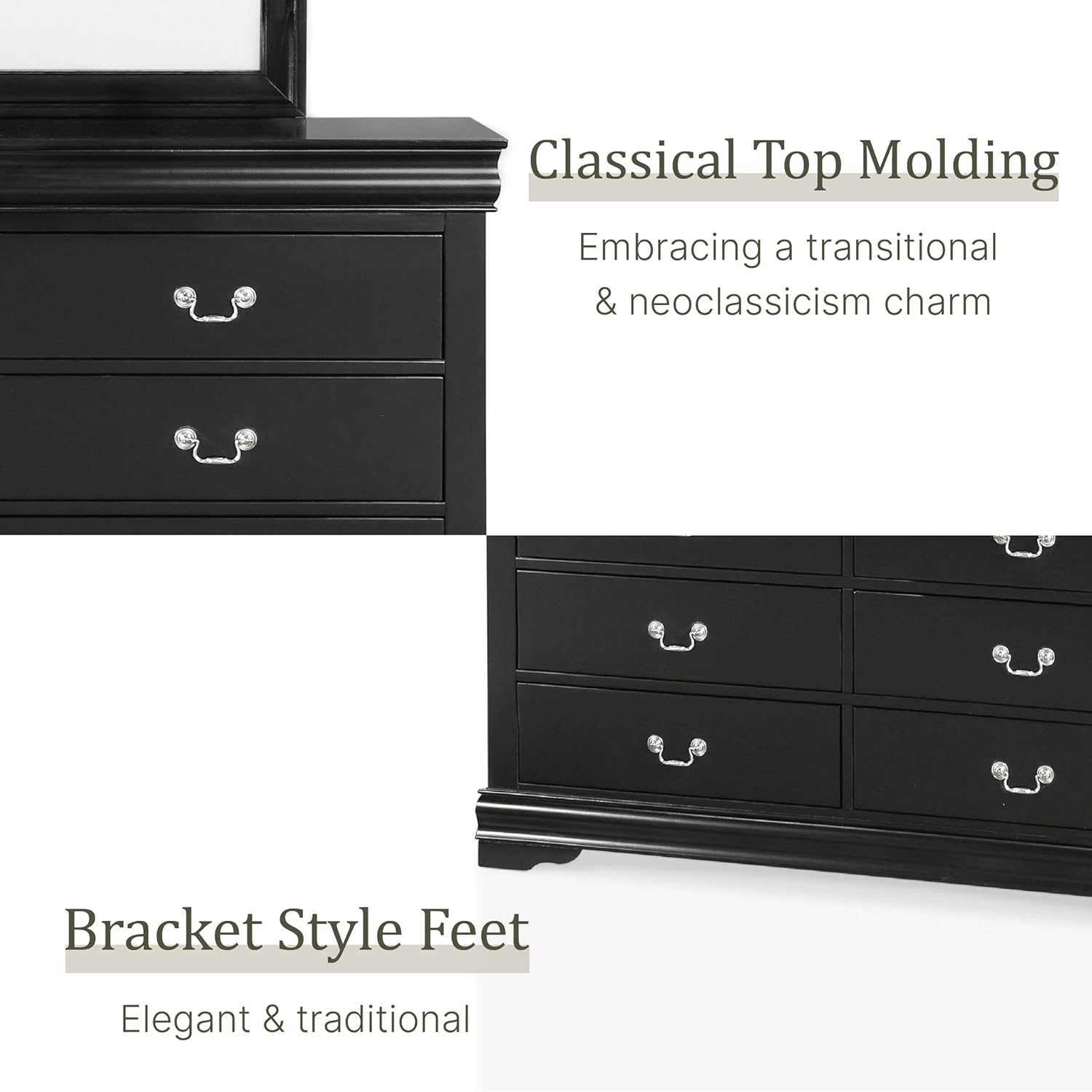 Furniture of America Louis Philippe Traditional Wooden 6 Drawer Dresser with Mirror, Vintage Bedroom Set, Accent Vanity Dressing Table with Antique Nickle Handles, Walk-in Closet, Black