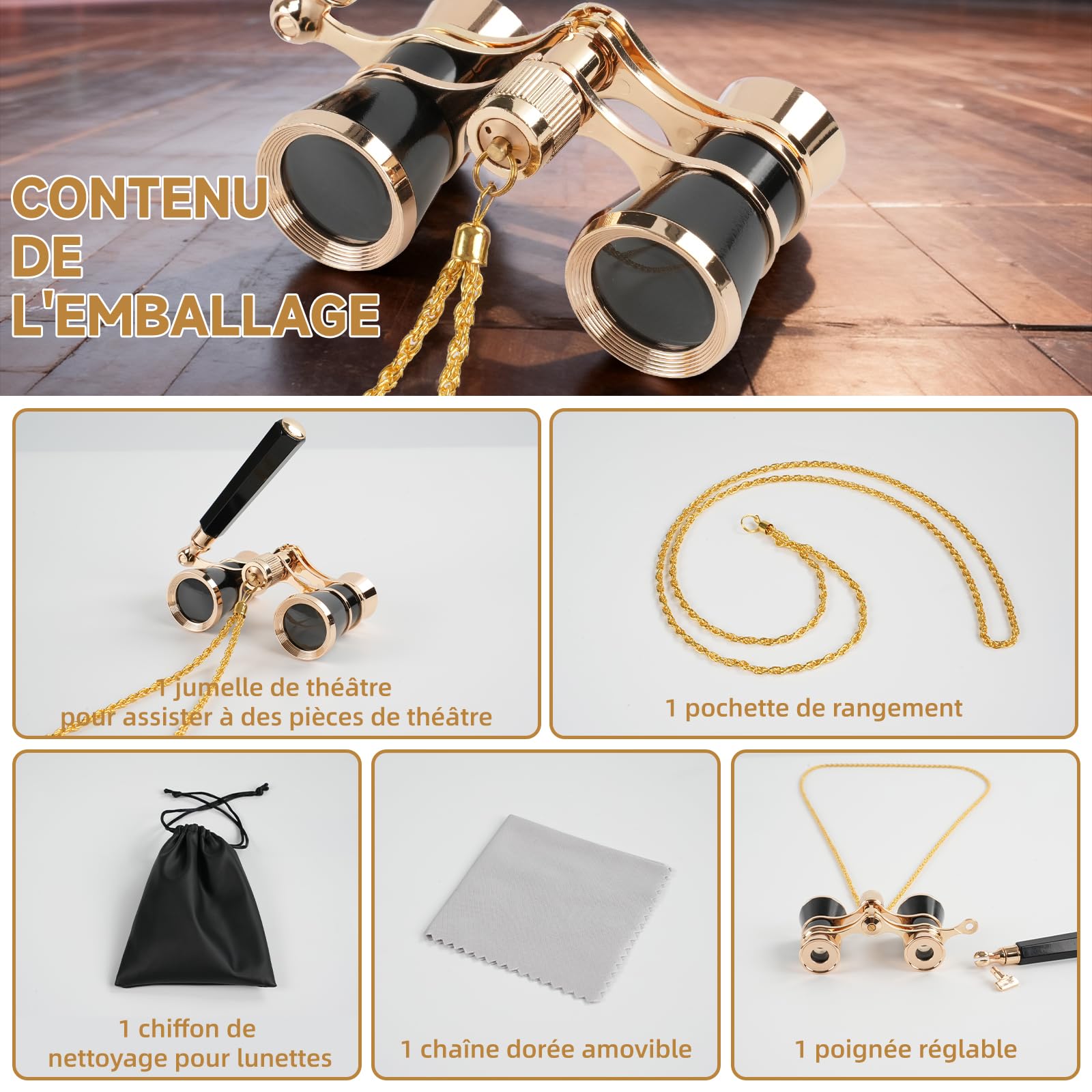 Jumelles de théâtre 3x25 Vintage pour Spectacles (Noir) | Mini Jumelles avec poignée Pliable et chaîne,Antiques en Alliage D'aluminium pour Concerts, Festivals Cadeau Femme