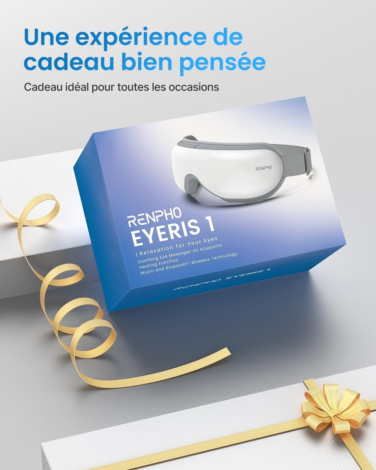 RENPHO Cadeau Femme Homme, Eyeris 1 Masseur Oculaire avec Chaleur, Chauffant Masseur Masque yeux avec Musique Bluetooth pour les migraines, réduit la fatigue oculaire améliorent le sommeil