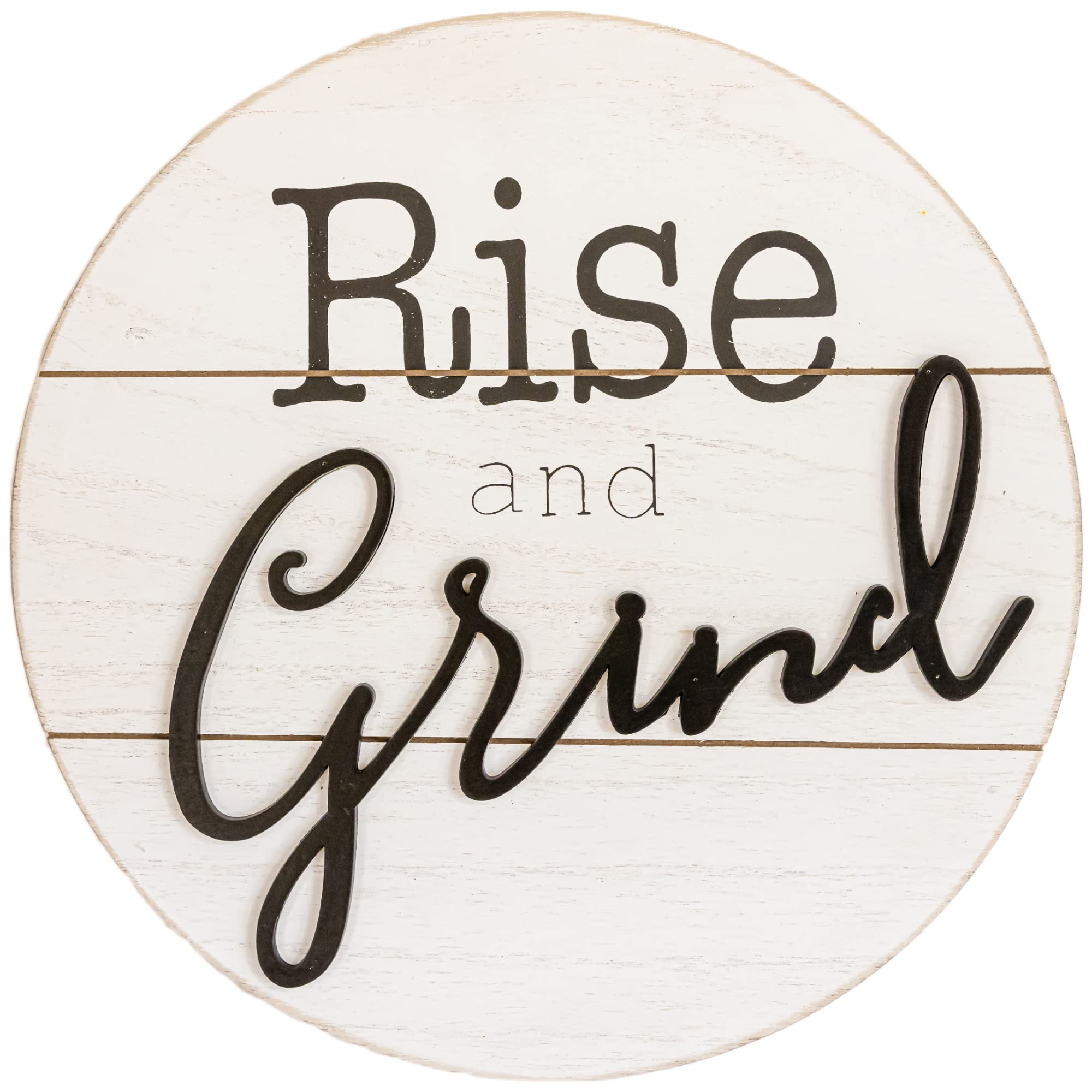 Modern Farmhouse Coffee Bar Decor - Round White MDF Coffee Bar Sign w/ ‘Rise and Grind’ Quote in Black- 3D Effect Applique Kitchen Wall Decor - Perfect Coffee Signs for Coffee Bar & Coffee Nook