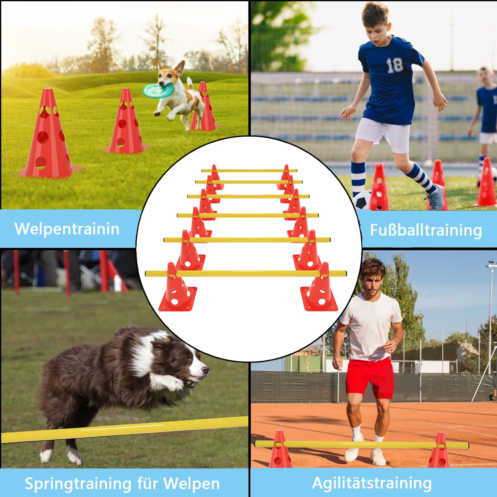 Sports, zestaw 6 płotek do treningu koordynacyjnego, zestaw wyposażenia Agility z 12 wielofunkcyjnymi stożkami i 6 drążkami treningowymi, zestaw akcesoriów treningowych dla psów, z regulacją