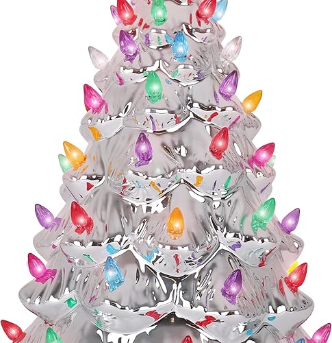 Miniatura 2 de Árbol de Navidad de cerámica  Árbol de Navidad de mesa con luces  (árbol de Navidad plateado grande de 15.5 pulgadasluces multicolores)  Árbol de