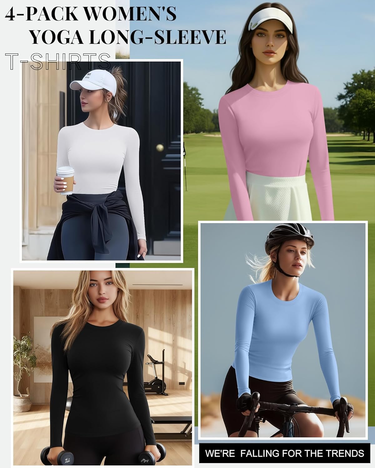 Neer 4 Pcs Womens Long Sleeve Compression Shirts Crew Neck Yoga Workout Shirts Lightweight Stretchy Breathable Tees