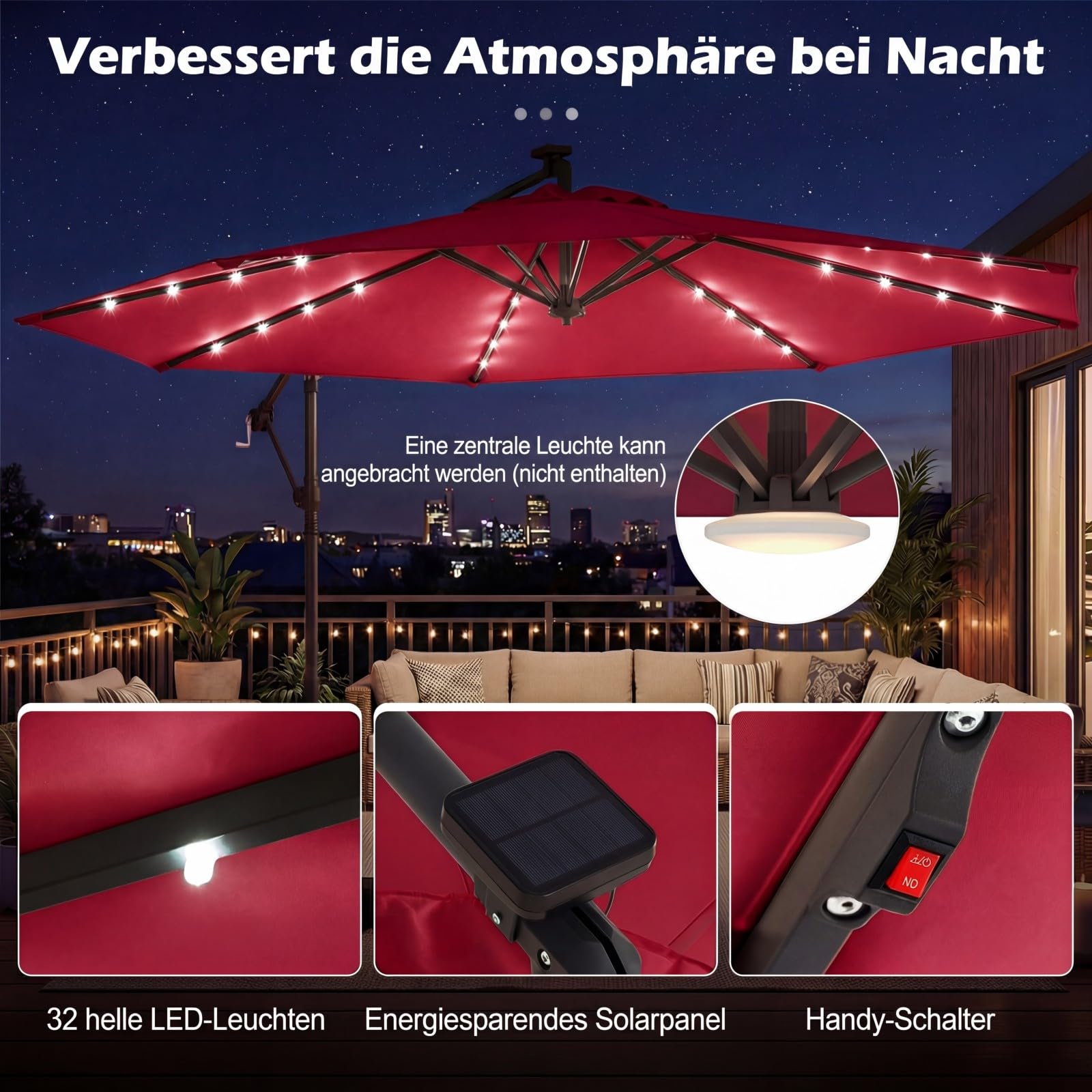 COSTWAY Sonnenschirm mit Ständer und LED-Leuchten, 300 cm Ampelschirm mit Kurbel, Gartenschirm, 360° drehbar, Marktschirm, Terrassenschirm für Garten, Terrasse, Pool (Weinrot)