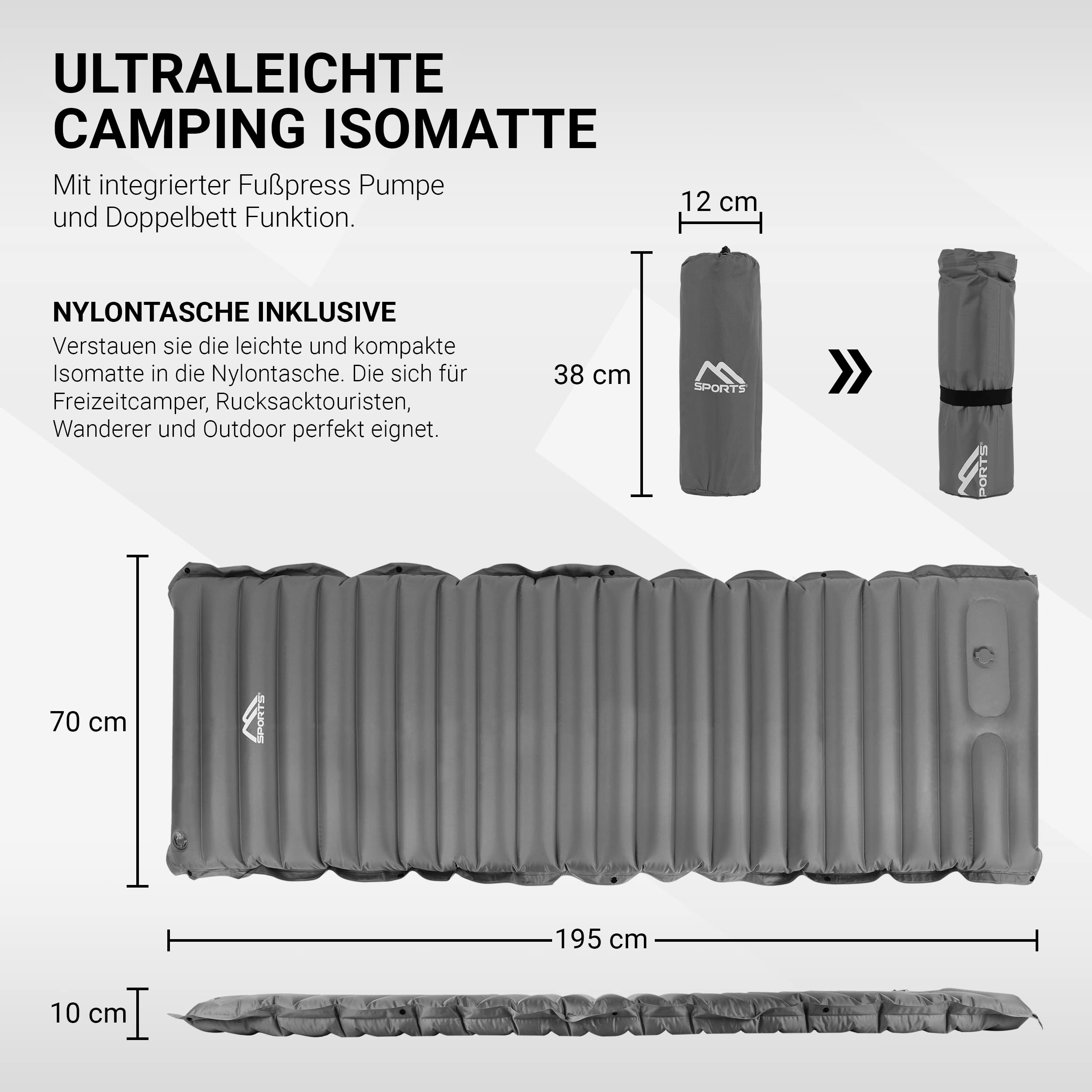 MSPORTS Karimata kempingowa Premium, ultralekka karimata do aktywności na świeżym powietrzu, z pompką, odporna na wilgoć, na wędrówki, wędrówki, kemping, plażę (srebrno-szara)