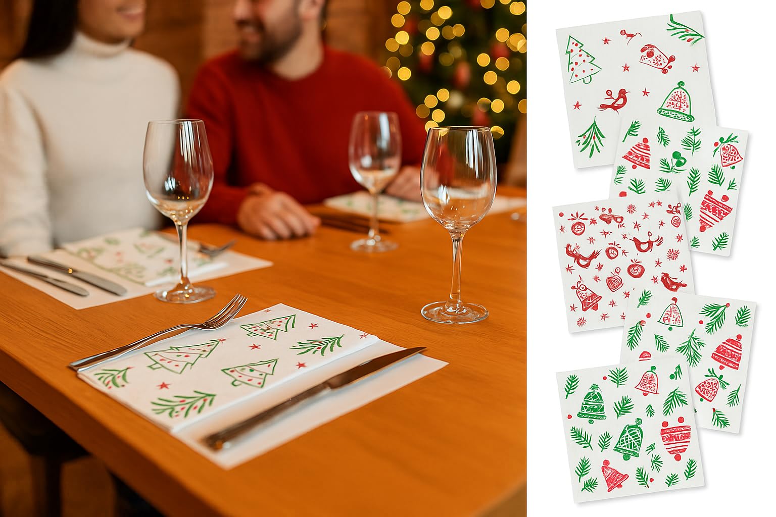 600 Servilletas de Navidad 40x40 cm Punta-Punta | 2 Capas Celulosa Premium | Decoración Navideña | Suaves, Resistentes y Elegantes | Plegado 1/4 (campanas blanco)