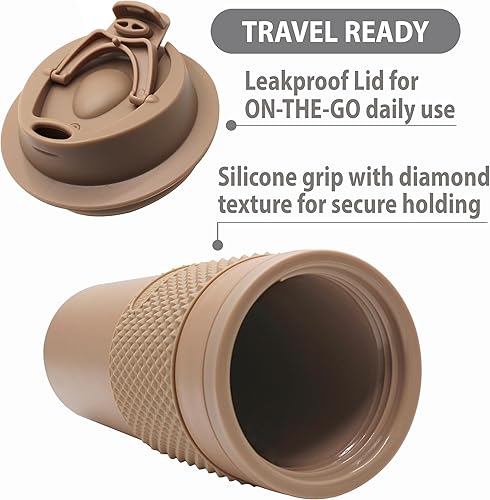 Miniatura 4 de Juego de vasos de café de 16 onzas, paquete de 2, fabricado con posos de café real, doble pared desmontable y aislada, listo para portavasos y