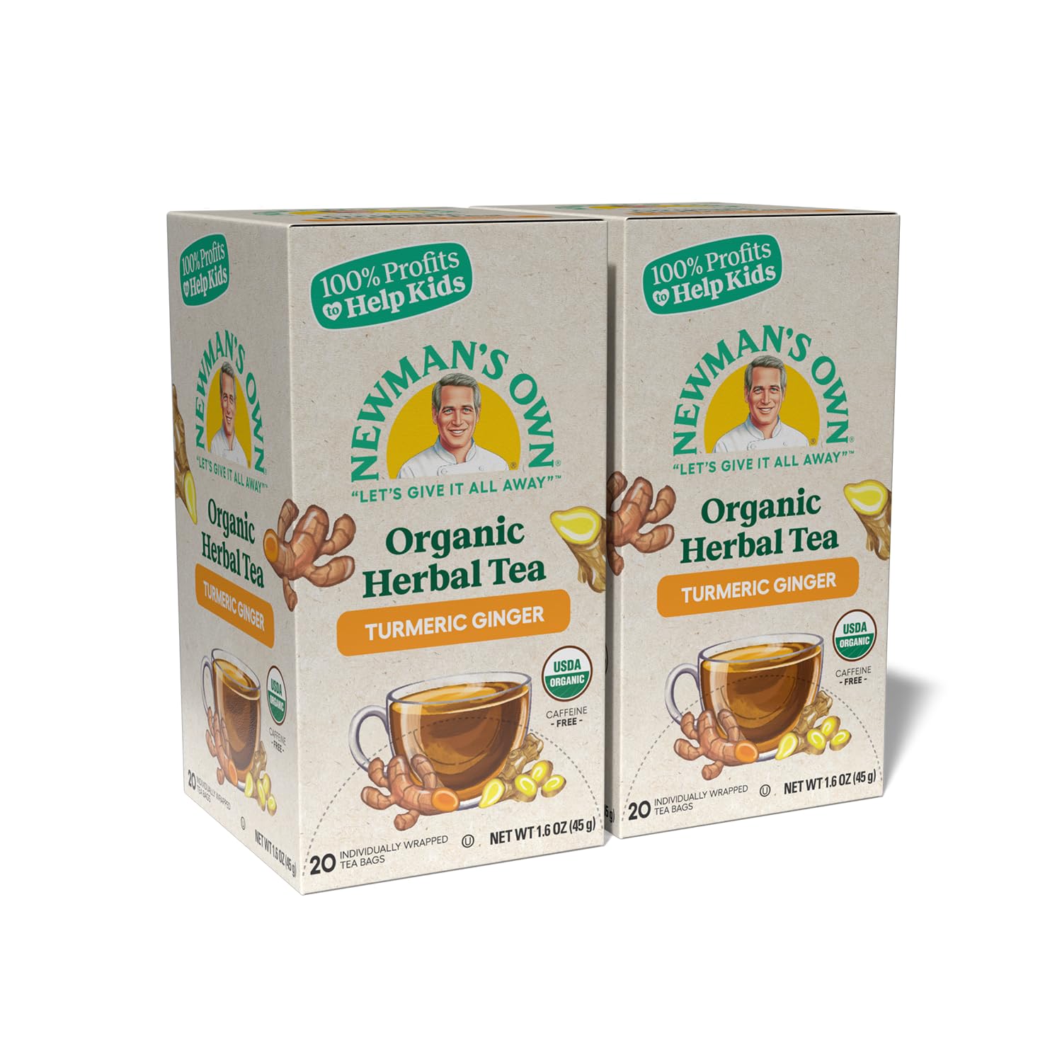 Newman's Own Organic Turmeric Ginger Herbal Tea Caffeine- May Aid Digestion and Boost Immunity Turmeric Tea with 20 Individually Wrapped Tea Bags Per