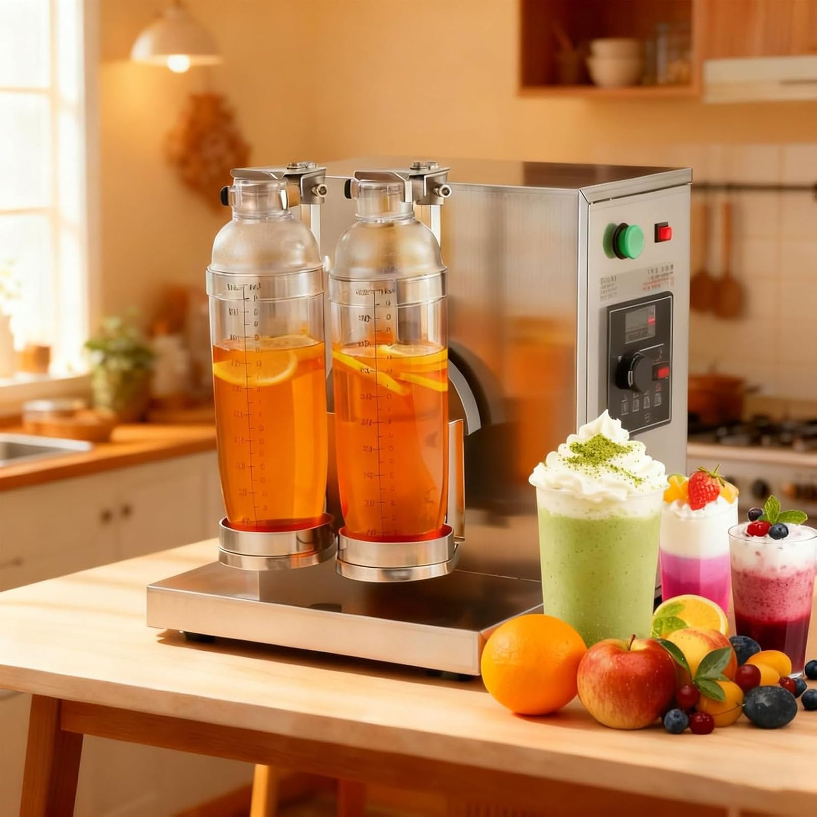 PioMue Electric Double Cup Milk Tea Shaker, Automatic 360° Mixing Drink Mixer with Adjustable Timing,Adjustable Cup Holder Height for Bubble Tea, Juice, Coffee, Milk, Wine