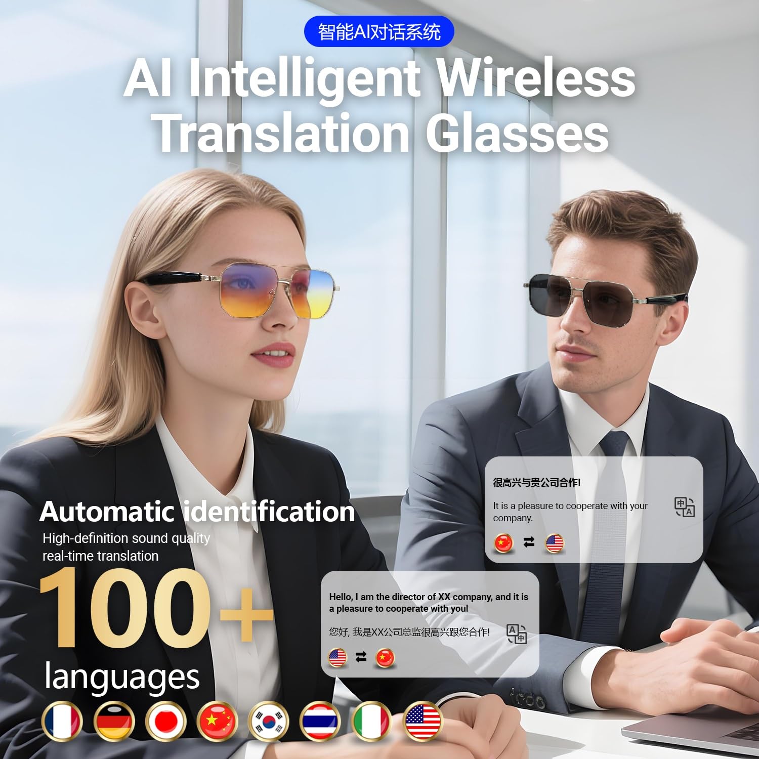 Lunettes Connectées Avec AI, Lunettes Musicales Bluetooth Avec Plus 100 Traductions, Verres Dégradés Anti-lumière Bleue, Lunettes Audio Avec Appels Mains Libres, Lunettes Casque(Blue)