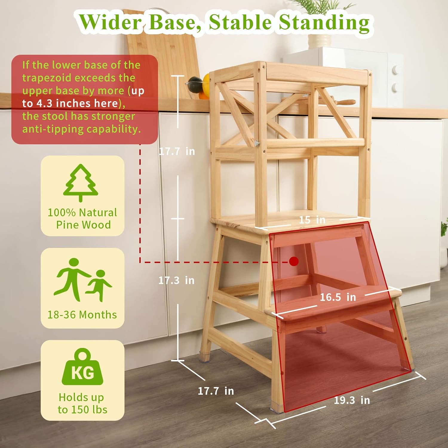 Toddler Tower,Kitchen Step Stool with CPC Certification,Sliding Anti-Fall Safety Bar,Solid Wood Kid Kitchen Stool for 18 Months to 3 Years Old(Natural)