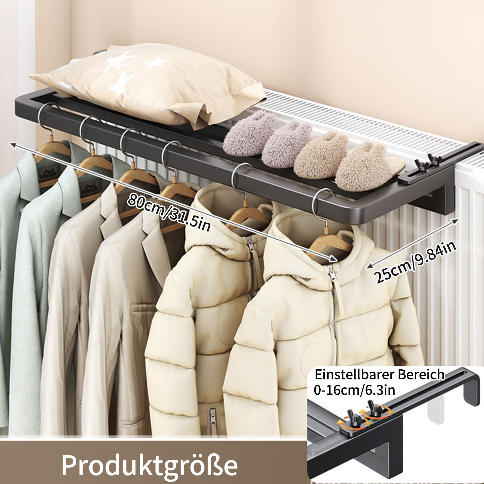Grzejnik, suszarka na pranie, 40-80 cm, 3 drążki do montażu na ścianie z regulowanymi ramionami teleskopowymi, suszarka na pranie, drążek wiszący do grzejnika, parapet (80 x 25 cm)