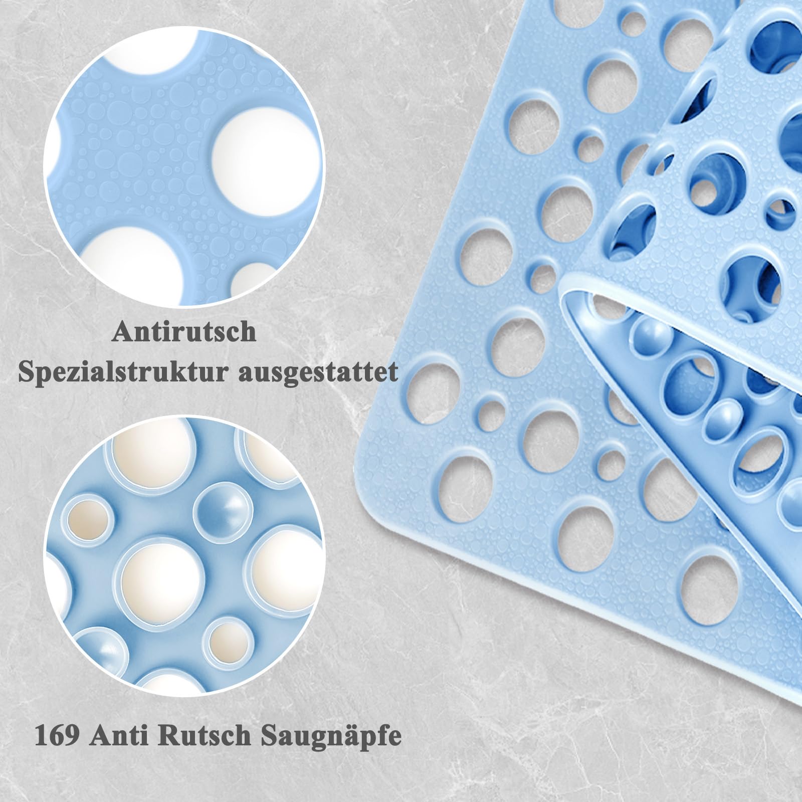 Tappetino da doccia antiscivolo, 80 x 120 cm, morbido tappetino antiscivolo in TPE con ventose, per doccia o vasca da bagno, grande inserto rettangolare (blu, 80 x 120 cm)
