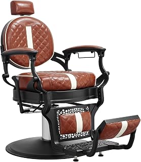 Kaleurrier Reclining Hair Salon Chair - Vintage Barber Chairs Height Adjustable for Stylist Barber Shop Home Haircut Tattoo Massage - Brown and White Quilted Leather