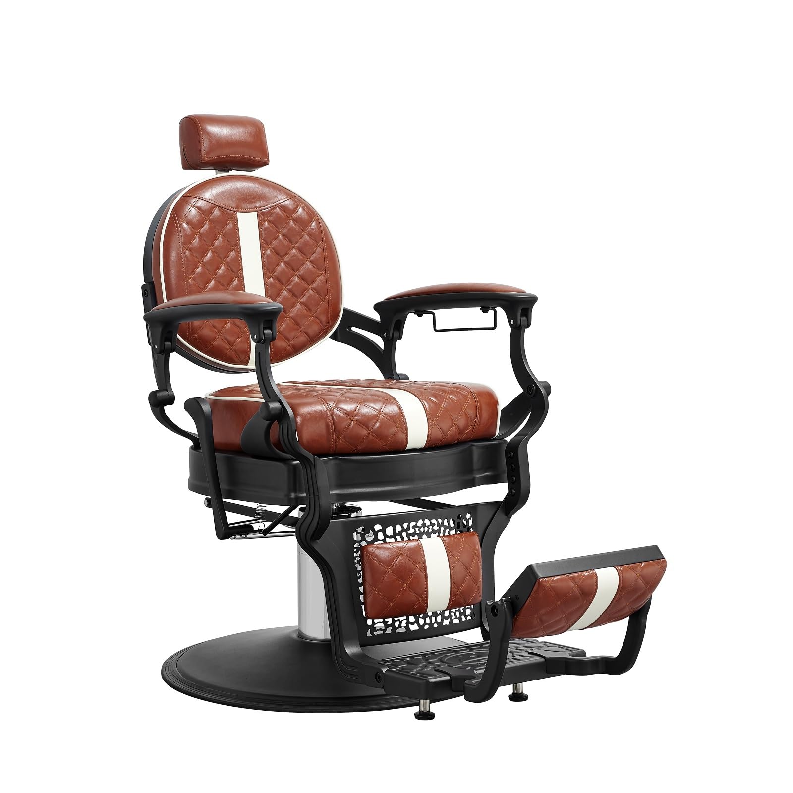 Photo 1 of Kaleurrier Reclining Hair Salon Chair - Vintage Barber Chairs Height Adjustable for Barber Shop for Home Stylist Haircut Tattoo Massage - Brown and White Quilted Leather
