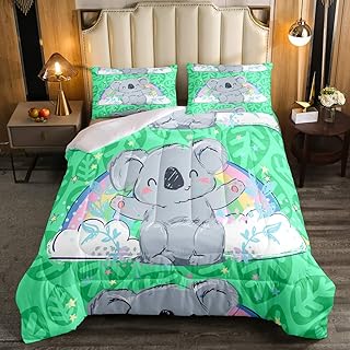 Erosebridal Cartoon Koala Comforter Set Botanical Leaves Duvet Insert Twin Size for Kids Child Girls,Cute Lovely Wild Animals Bedding Set,Green Plant Leaf Quilted Duvet Rainbow Cloud Bedroom Decor