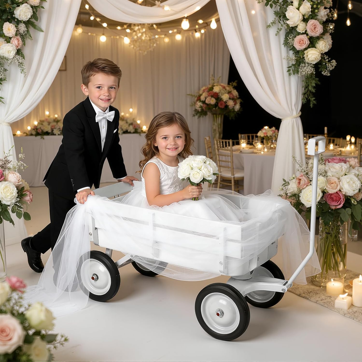 Pull Along Wagon,White Flower Girl Wagon All-Terrain Wedding Wagon with Removable Wooden Side Panels, Big Tires and Wide Grip Handle for Weddings