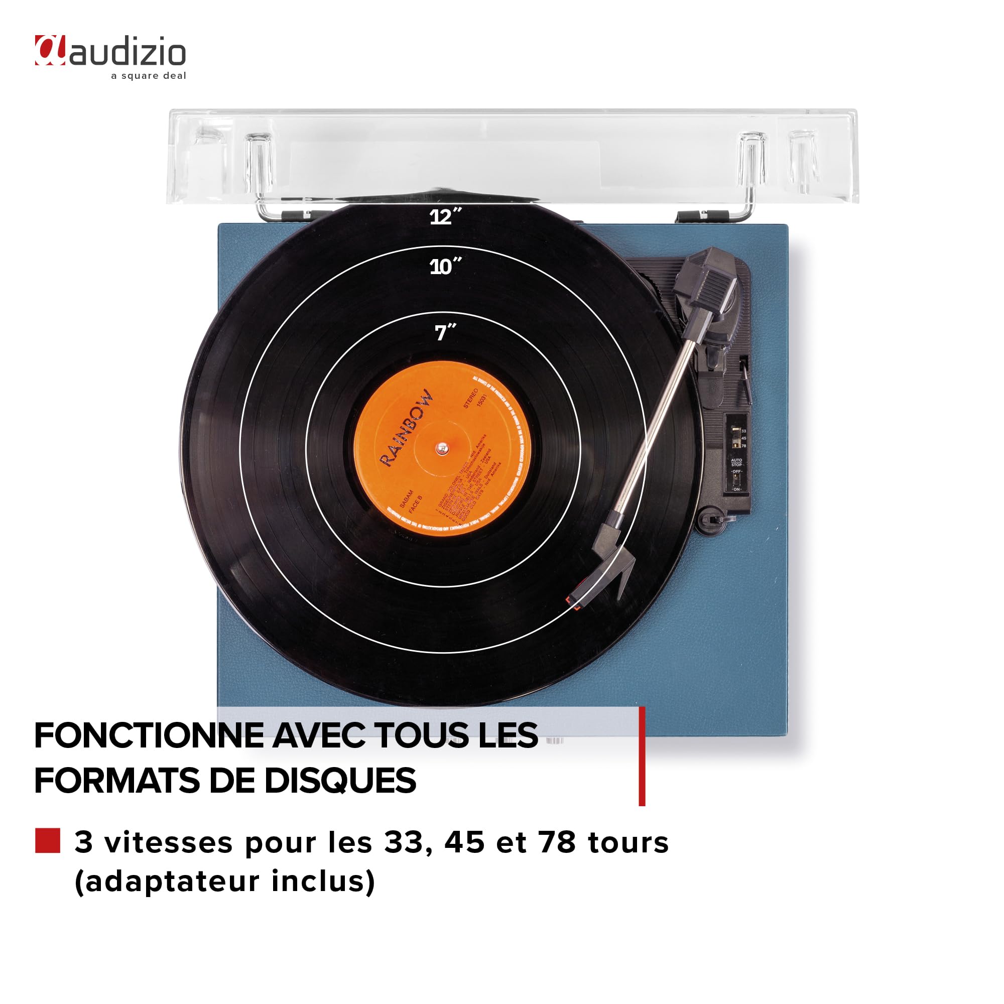 Audizio RP113D Platine Vinyle Bluetooth avec Haut-Parleurs Intégrés - Cuir Bleu Foncé, 33, 45 et 78 Tours, Émetteur Bluetooth, Une Platine Idéale pour Décorer et Écouter Vos Vinyles