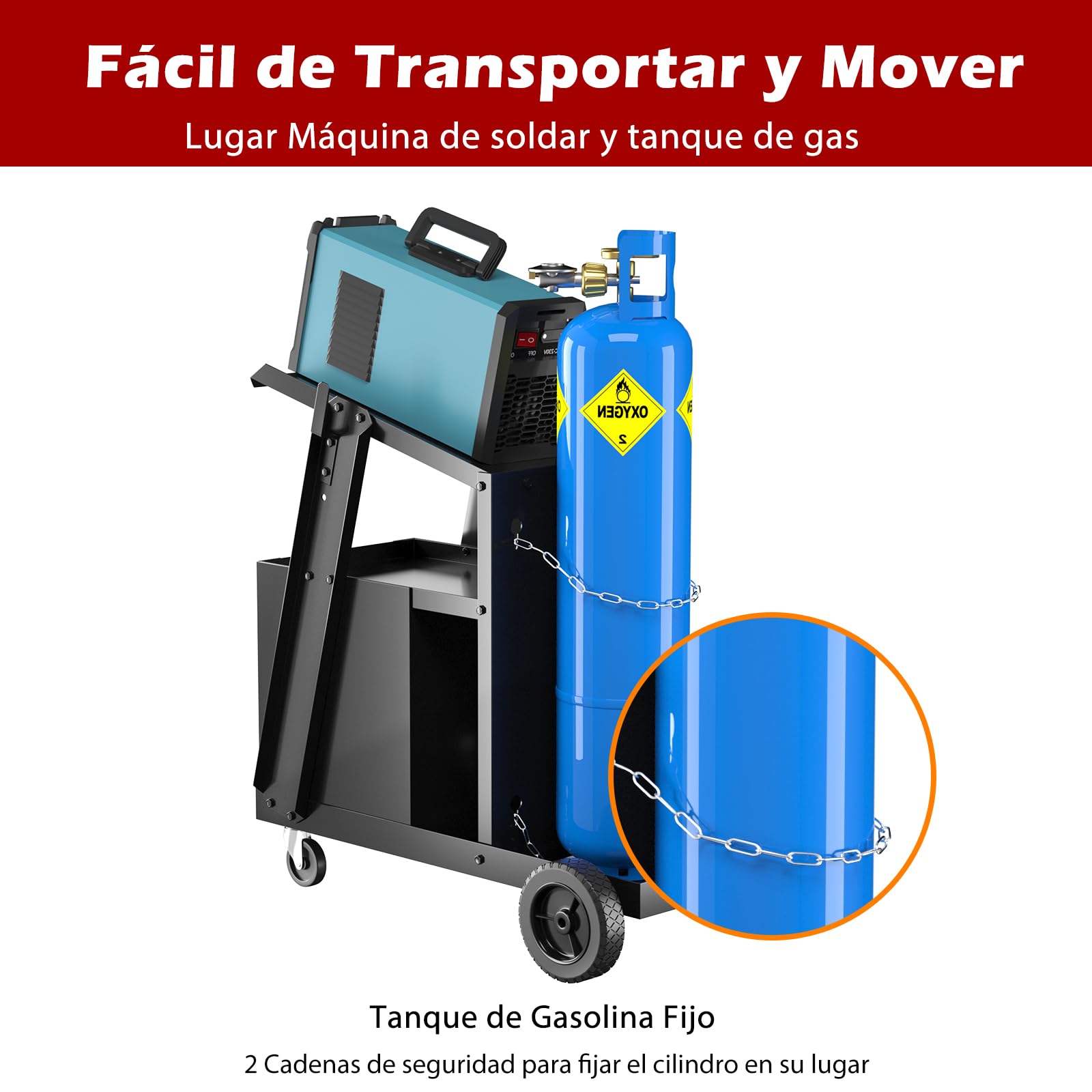 GYMAX Carro de Soldadura Rodante con 4 Cajones, Carga 45 kg, Carro de Herramientas con Almacenamiento y Cadena de Seguridad, para Soldadores y Cortadores de Plasma para Garaje, Taller