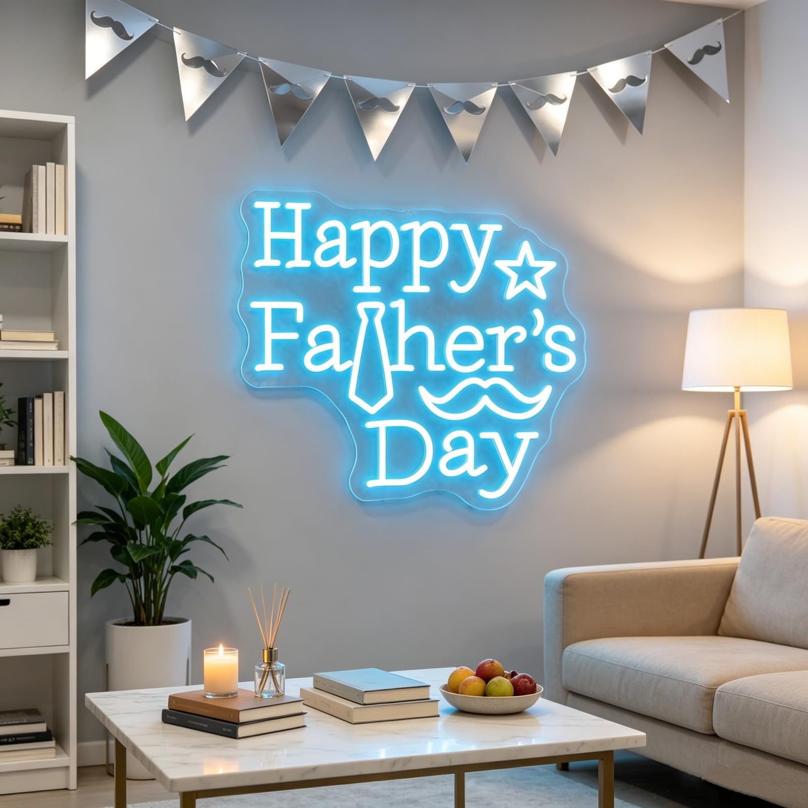 Insegna al neon con scritta "Happy Father's Day", luce al neon a LED blu ghiaccio con cravatta e baffi, alimentata tramite USB, decorazione da parete per festa del papà, camera da letto