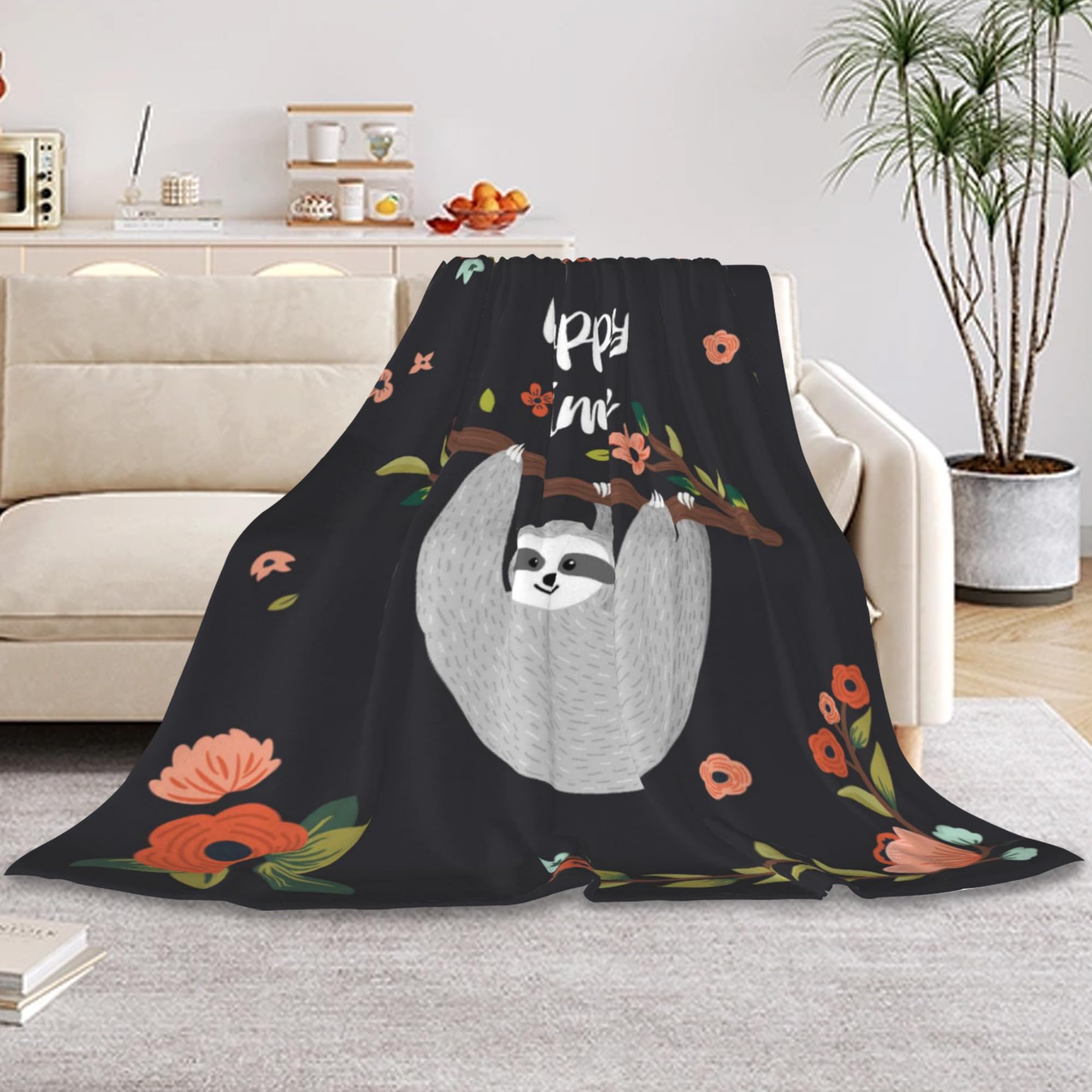 HUSITI Sloth Floral Decor Throw Blanket,Flannel Soft Home Decor for Women Men Birthday Gifts, GentleSoft Cozy Fruit Pattern Blankets for Couch Bed Camping,60"x80"
