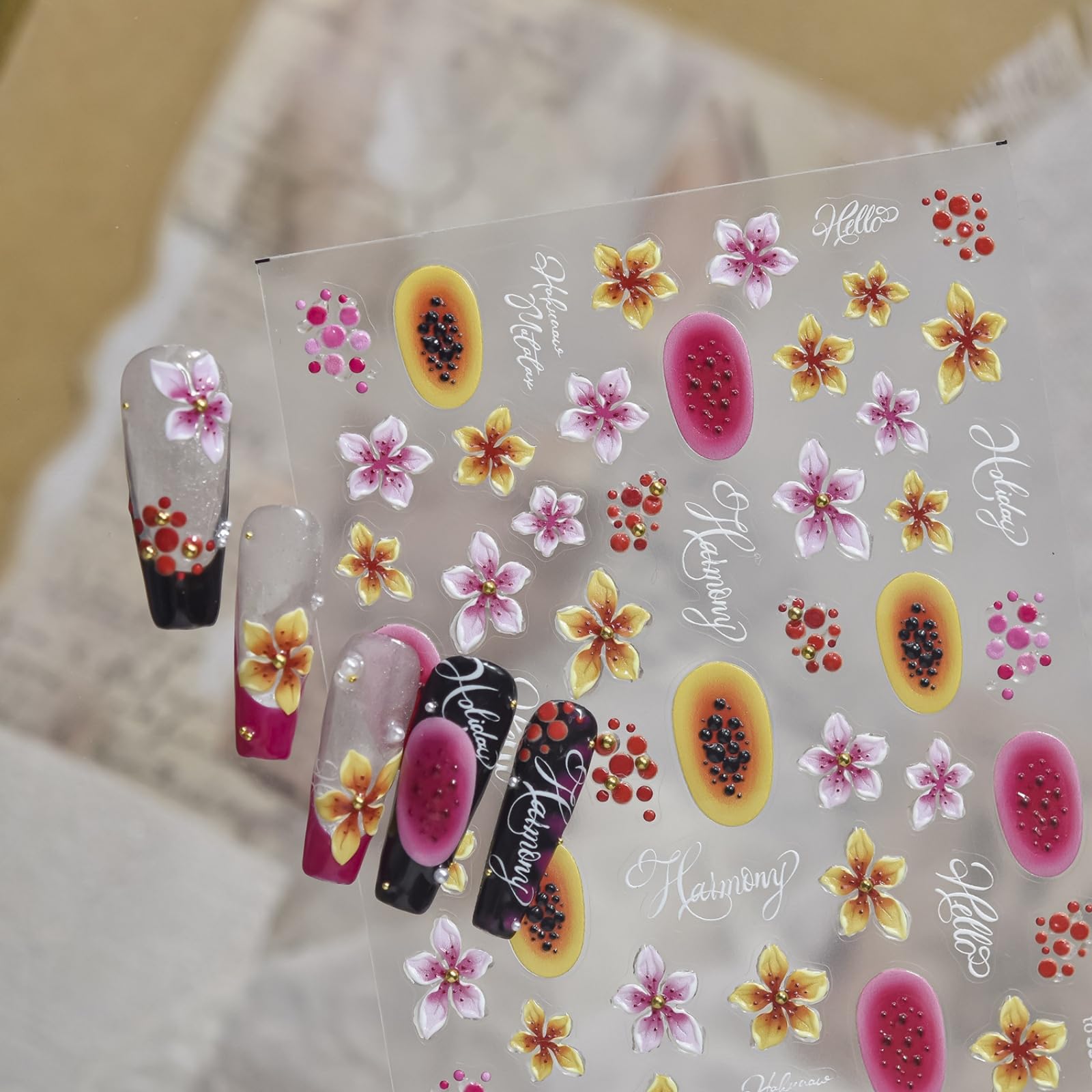 Flower Nail Stickers Decals 5D Embossed Self Adhesive Fruit Nail Decals