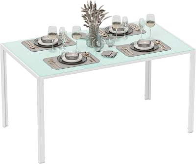 HOMCOM Mesa de Comedor de Cristal, Mesa Rectangular para 6 Personas con Patas de Metal, para Cocina, Salón, 140x80x75 cm, Blanco