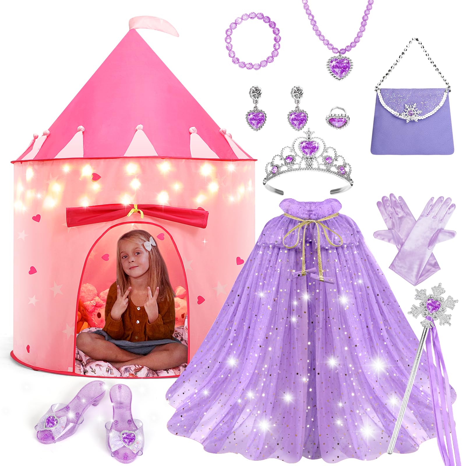 WTOR 15Pcs Princess Castle Play Tent Dress Up with LED Glow in The Dark Stars for Little Girls－Princess Dress Up Cape with Crown,Girl Play Tent/House