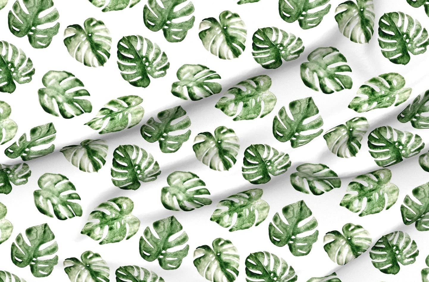 Spoonflower Fabric - Monstera Large Leaf Watercolor Tropical Leaves Jungle Rainforest Printed on Organic Cotton Sateen Fabric by The Yard - Sewing Quilting Apparel Home Decor