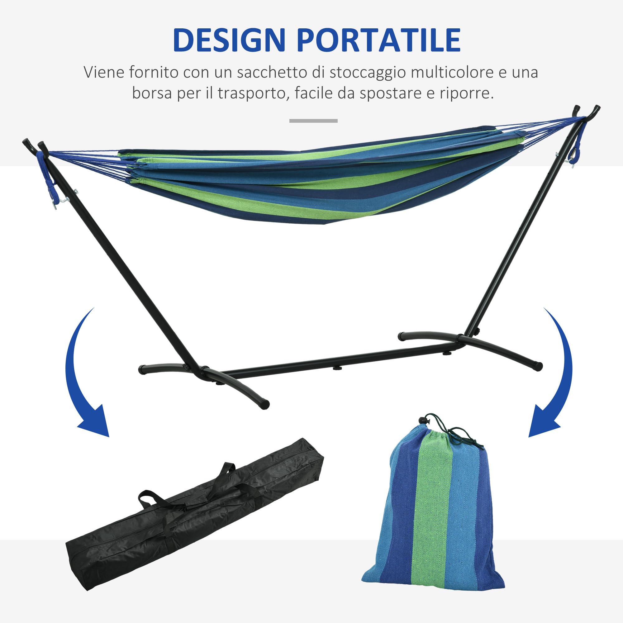 Outsunny Amaca da Giardino Sospesa 310x117 cm con Altezza Regolabile e Supporto, Capacità 120 kg, Amaca Autoportante con Borsa di Trasporto, per Campeggio, Giardino, Balcone, Patio, Verde e Azzurro