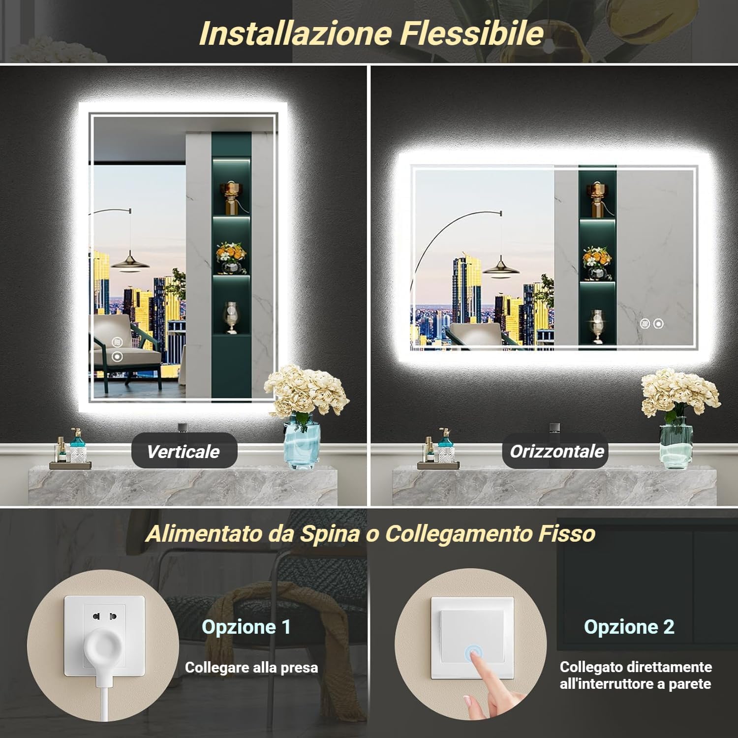 Specchio Bagno con Luce - 80 x 60 CM Specchio Bagno LED Antifog, Specchi da parete Dimmerabile 3 Colori, Specchio Intelligente Infrangibile, Funzione di Memoria (Orizzontale/Verticale)