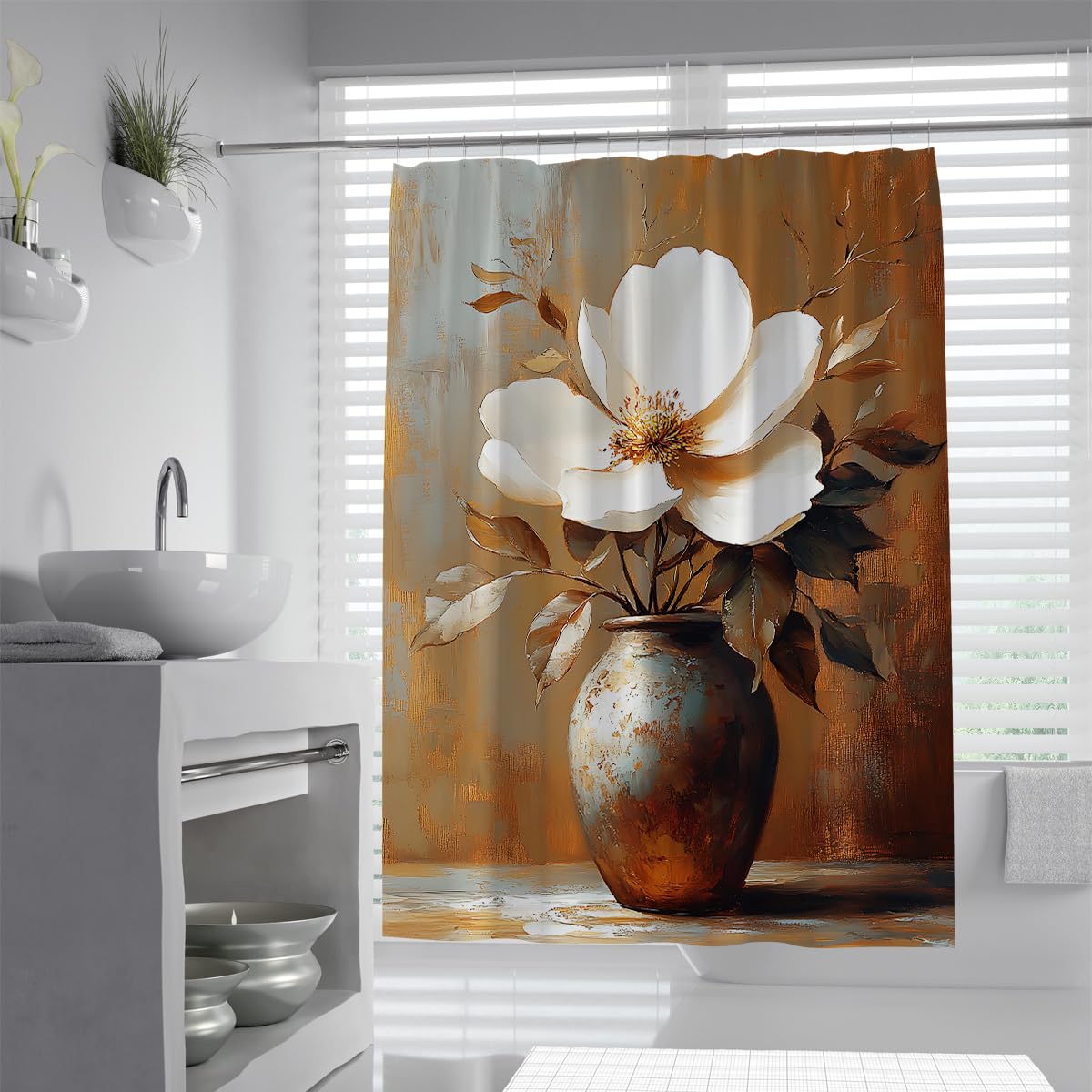 UIRINGART Classic Camellia Pottery Shower Curtain W200xL200cm Big White Floral Bloom Brown Shabby Backdrop Bronze Urn Pattern Waterproof Bath Curtains Rustproof Grommets