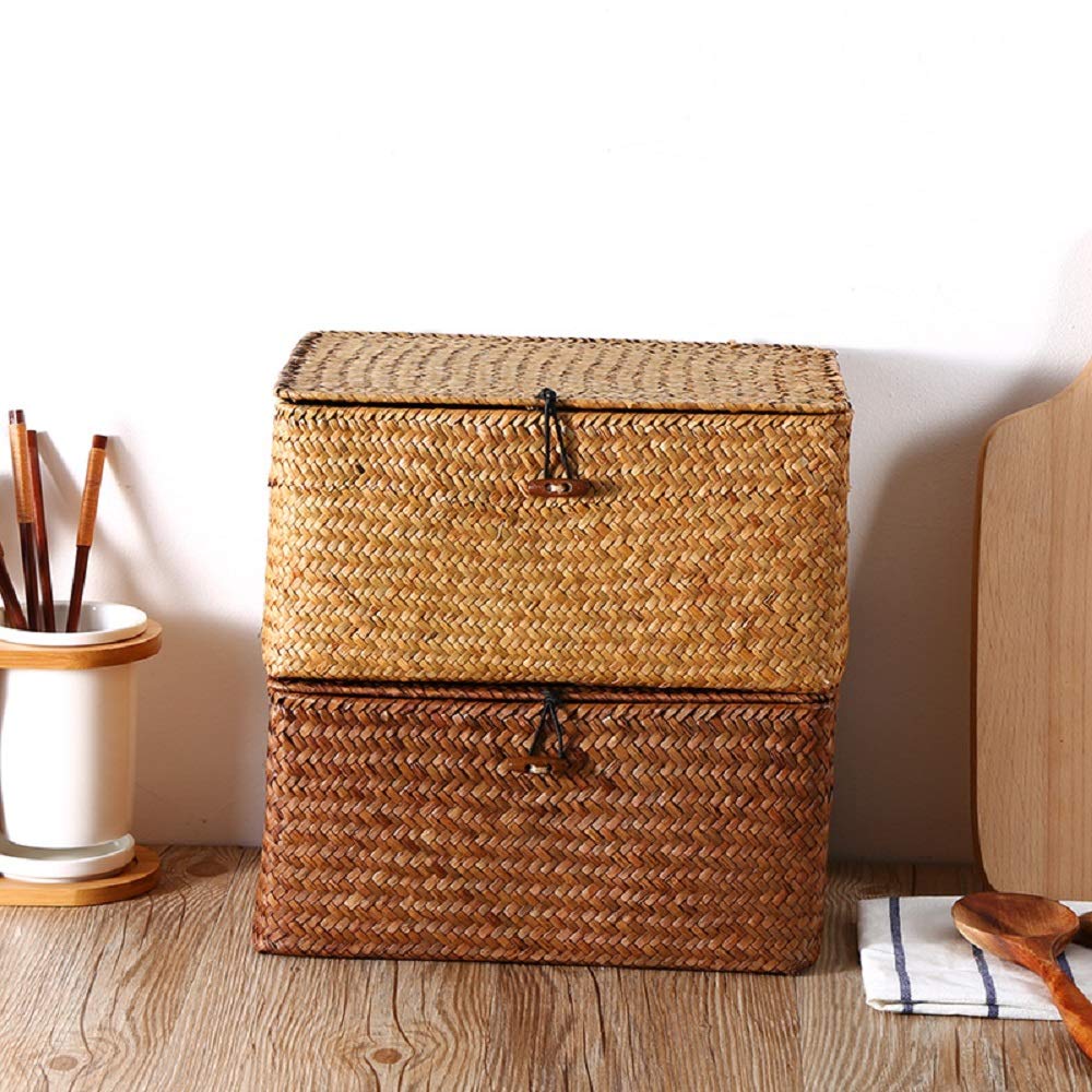 WOOD MEETS COLOR Wicker Storage Baskets with Lids, Seagrass Baskets with Lids Seagrass Storage