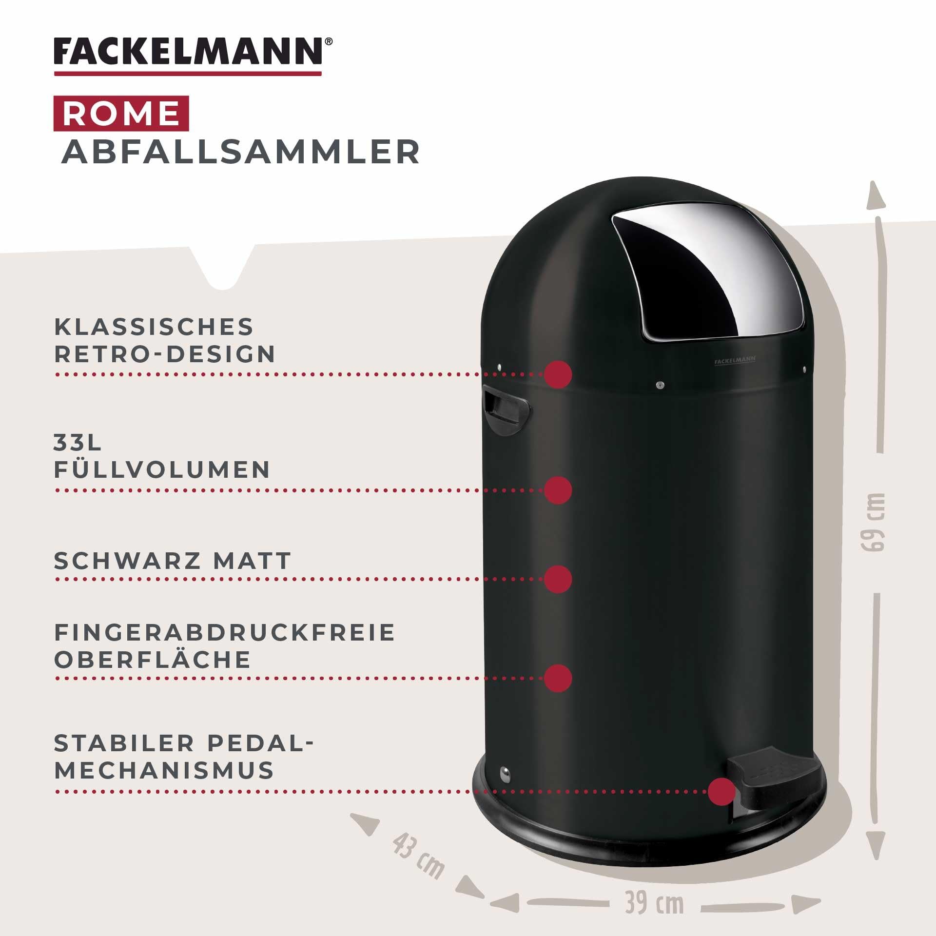 FACKELMANN ROME Pedal-Abfallsammler 33L Schwarz matt – Stilvoller Abfalleimer in Retro-Design mit robustem Pedalmechanismus und Edelstahl-Inneneimer, ca. 39 x 43 x 69 cm