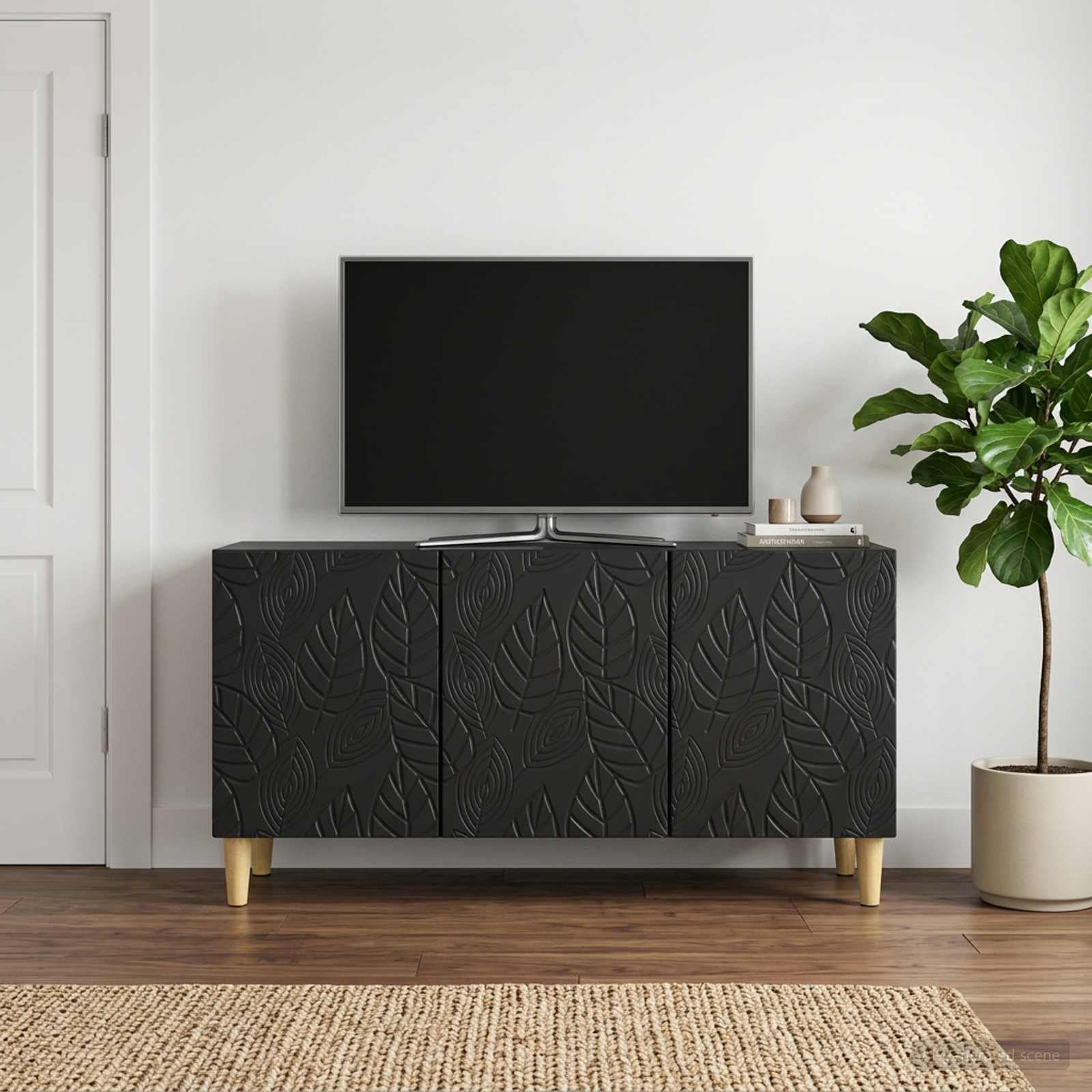 Hothingwell TV-Bank, 99 x 34,5 x 50 cm, Schwarz, Holz | Drehtür 90°, vielseitig einsetzbar, modernes Design, einfache Reinigung mit feuchtem Tuch