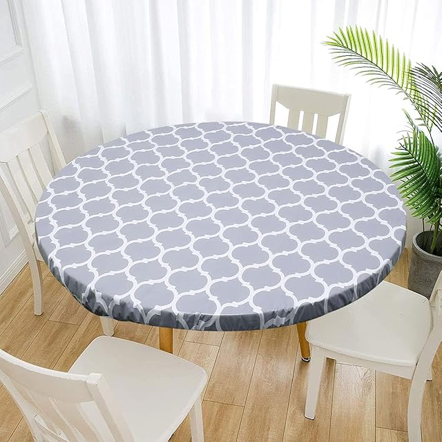 Elastic Edged Vinyl Fitted Tablecloth Flannel Backed & Elastic Edge Table Cover Indoor Outdoor Round Fitted Vinyl Table Cloth Oil & Waterproof(110-140cm,Gray stripe)