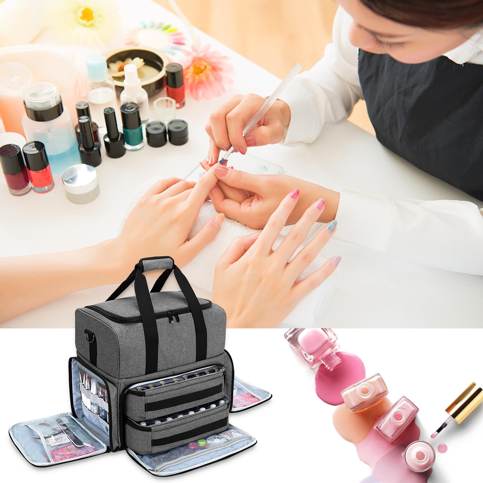 Organizer Smalti per Unghie, Adatto per 80 Flaconi (15 ml) e Lampada Unghie UV, Borsa Organizer per Smalti, Valigetta porta Smalti per Unghie Borsa da Viaggio con 2 Tasche Rimovibili, Grigio
