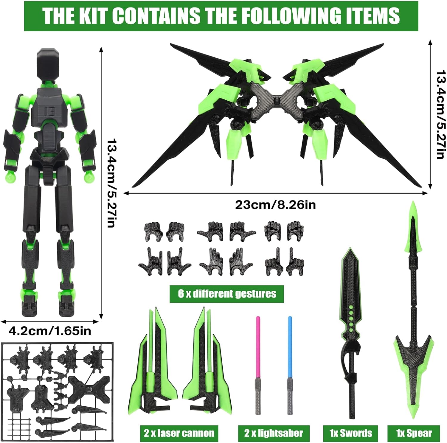 T13 Action Figure Set (Assembly Completed), Highlighting T13 Robot, 3D Printed Action Figure (Combat Mech Version), and Dummy 13, Perfect for Collectors' Desktop Decorations (Green) - Image 2