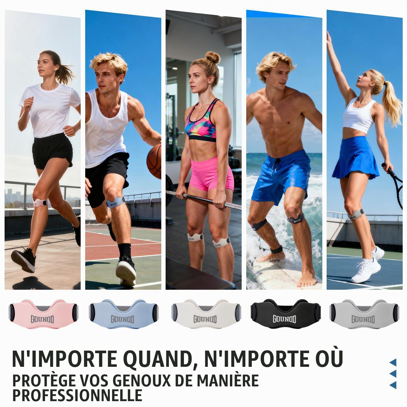 GOUNOD Lot de 2 sangles de soutien du tendon rotulien, en silicone pour soulager la douleur du genou, bande rotulienne pour basket-ball, tendinite, course, randonnée, football, Osgood Schlatter, gris