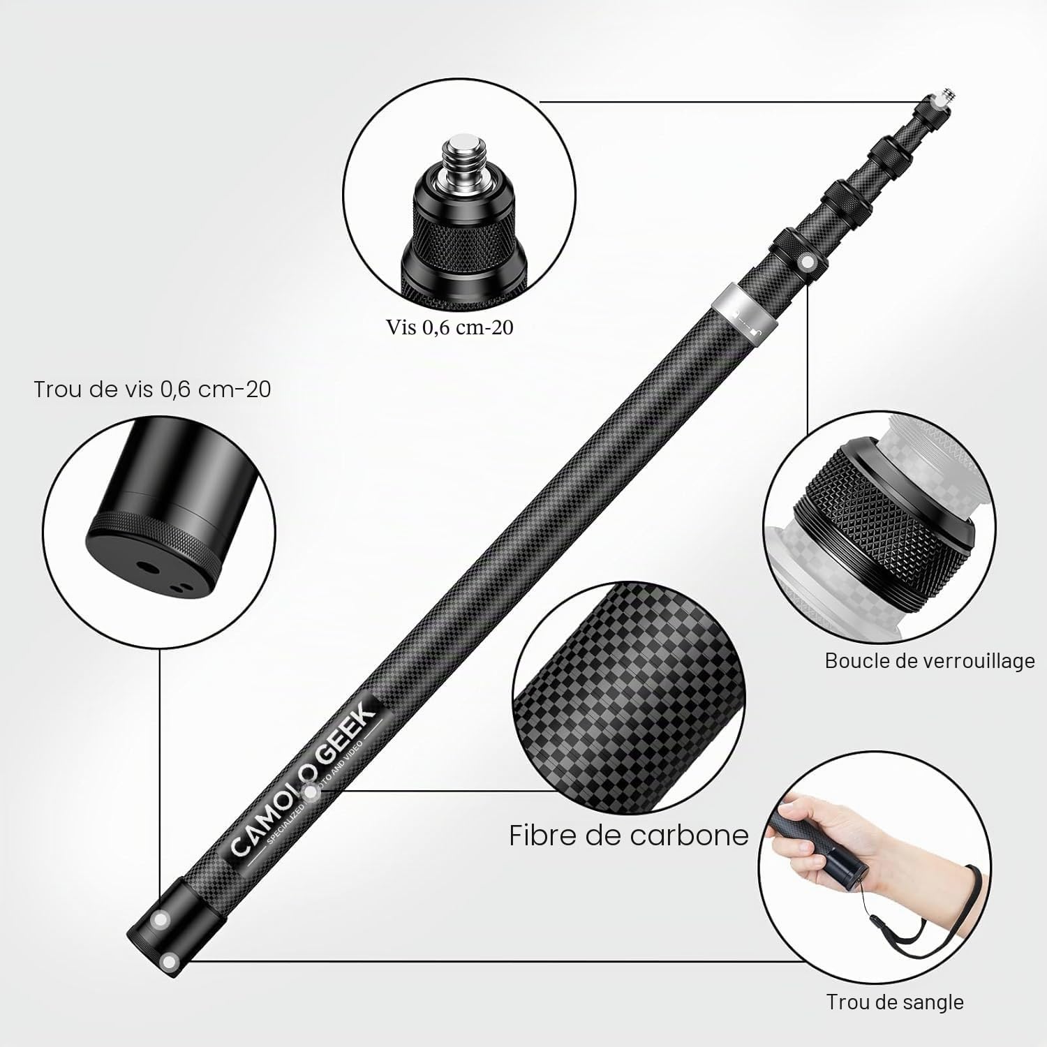 CAMOLOGEEK Perche à Selfie Invisible 3,0m/118 en Fibre de Carbone avec Montage 1/4" pour GoPro Hero 13, 12, 11, 10, 9, 8, DJI Osmo 360 Action 5 Pro 4 3 Insta360 X5, X4, X3
