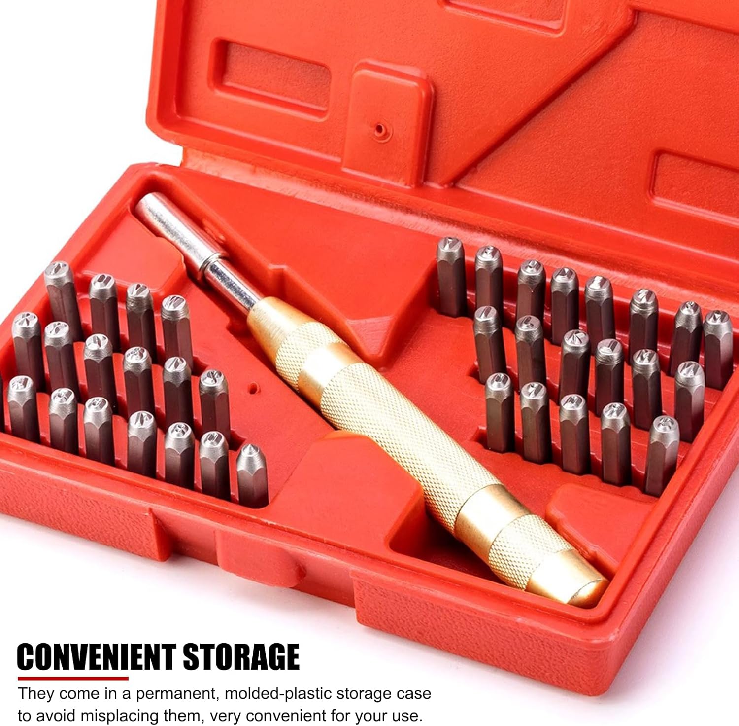 EVTSCAN DCT Metal Stamping 38pc Tool Kit - Striking Letter, Automatic Letter Number Stamping Metal Punch Stamp Set Tool Kit, for Plastics Leather Mark