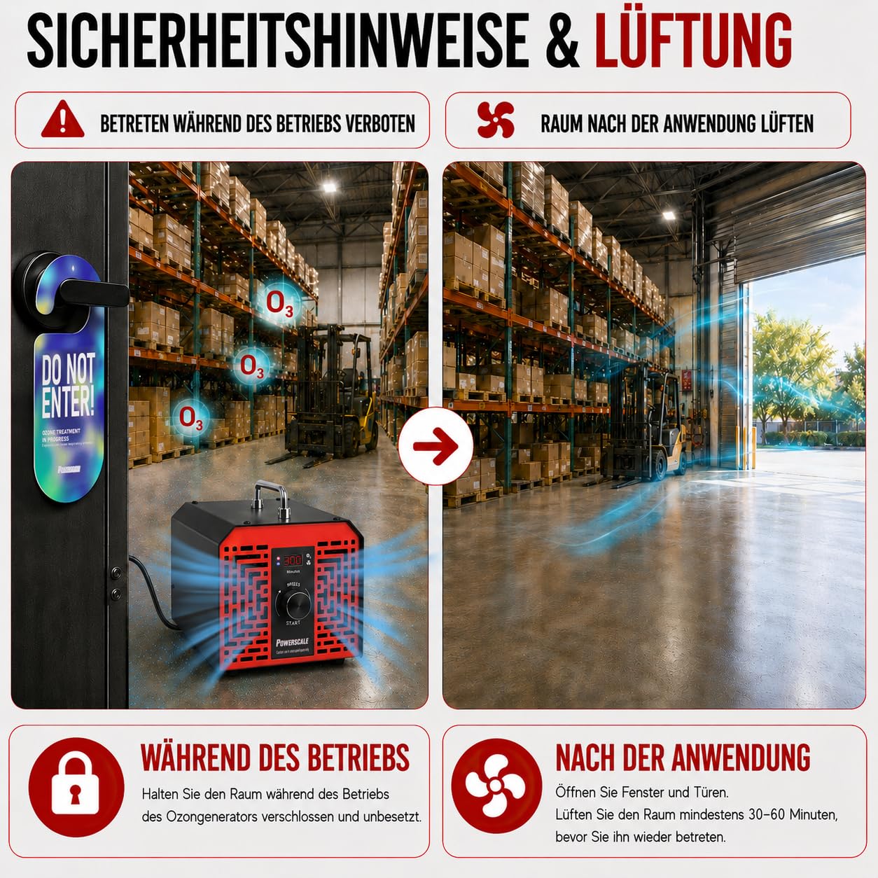 Powerscale OZB4 Ozongenerator 500000 mg/h, industrielles Ozongerät mit intelligenter Steuerung zur Geruchsbeseitigung, leistungsstarker Luftreiniger für große Räume, Schwarz/Rot