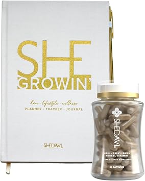 Shedavi Iconic Natural Hair Vitamins + SheGrowin Journal Fast Hair Growth Duo - Pure Hair Supplements Formulated with Vitamins and Journal to Track Hair Growth Progress