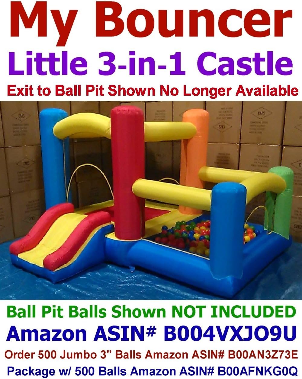 Perfect Size for Indoor Use - My Bouncer 3-in-1 Little Castle Bounce 118" L X 102" D X 72" H with Attached Ball Pit and Slide
